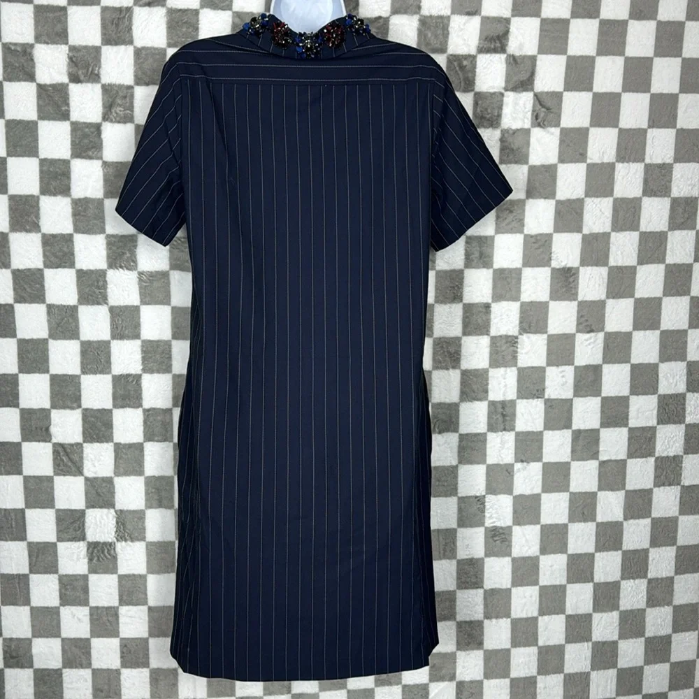Banana Republic Pinstripe navy collared dress, rhinestone neckline pockets S - Picture 6 of 10